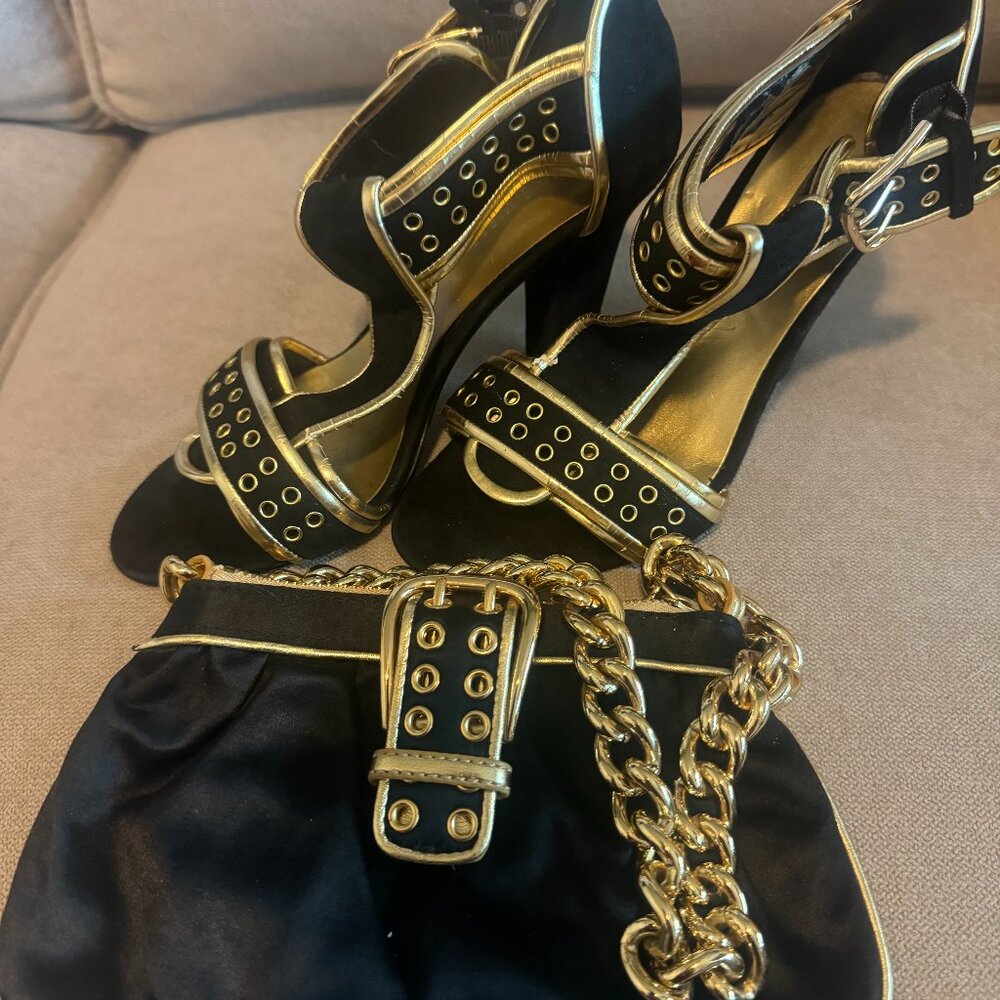 Suede Black & Gold Detailed Heels Nine West with Matching Mini Shoulder Bag